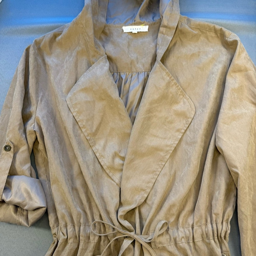 Entro Women's Beige Jacket Coat Front Pockets Roll Tab Sleeve Drawstring Sz S